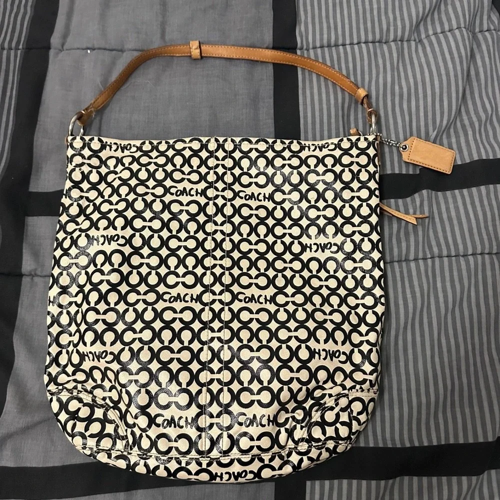 Coach Op Art 'Leah' Coated Canvas Hobo Black Off-White Natural Leather Trim‎ Bag